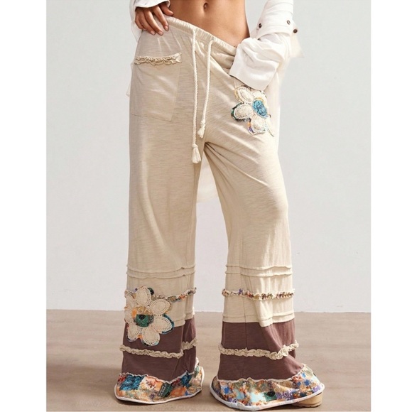 Boho Floral Patchwork Print Stretchy Waist Wide Leg Pants S M L XL